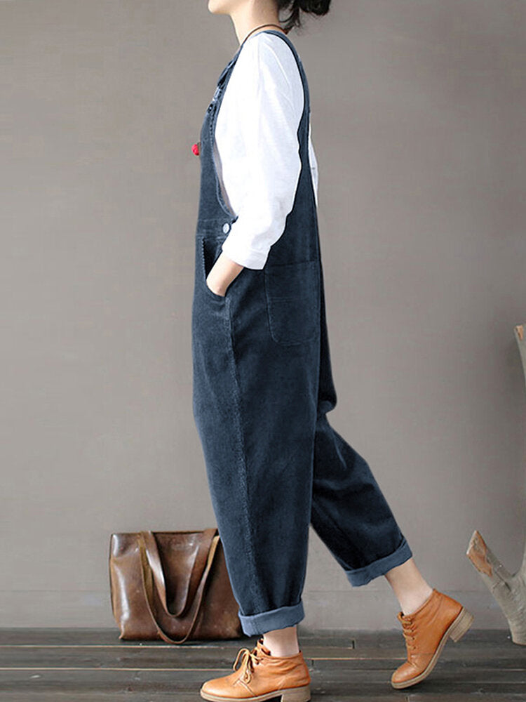 Corduroy Sleeveless Loose Button Causal Side Pocket Jumpsuit For Women