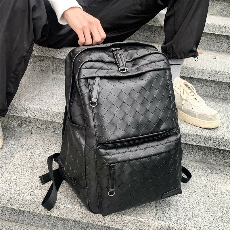 Men Faux Leather Large Causal Woven Capacity 14 Inch Laptop Bag School Travel Backpack