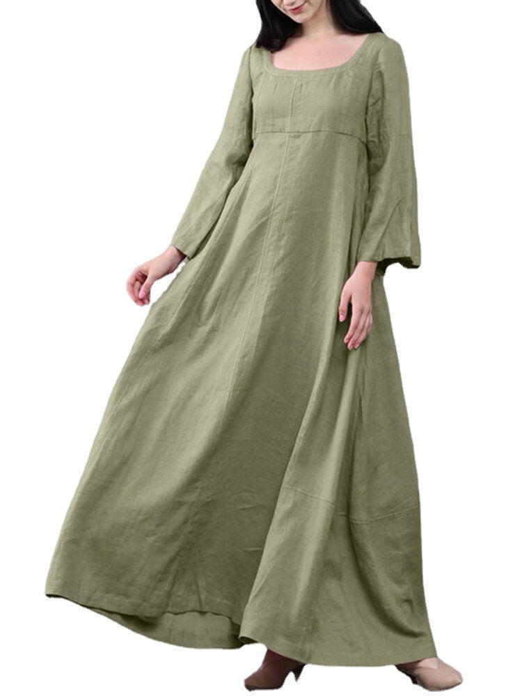 Women Solid Color Square Neck Ruffles Sleeve Zipper Loose Casual Maxi Dress