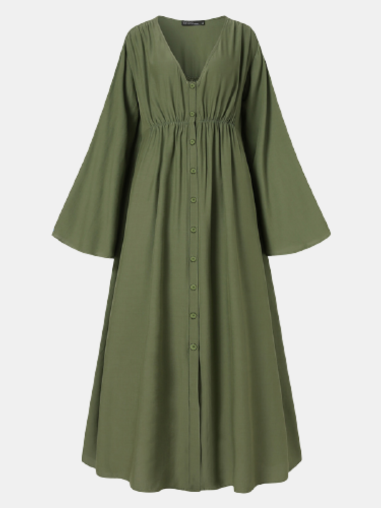 Solid Color V-neck Long Sleeve Big Swing Pleated Button Casual Maxi Dress For Women