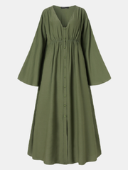 Solid Color V-neck Long Sleeve Big Swing Pleated Button Casual Maxi Dress For Women