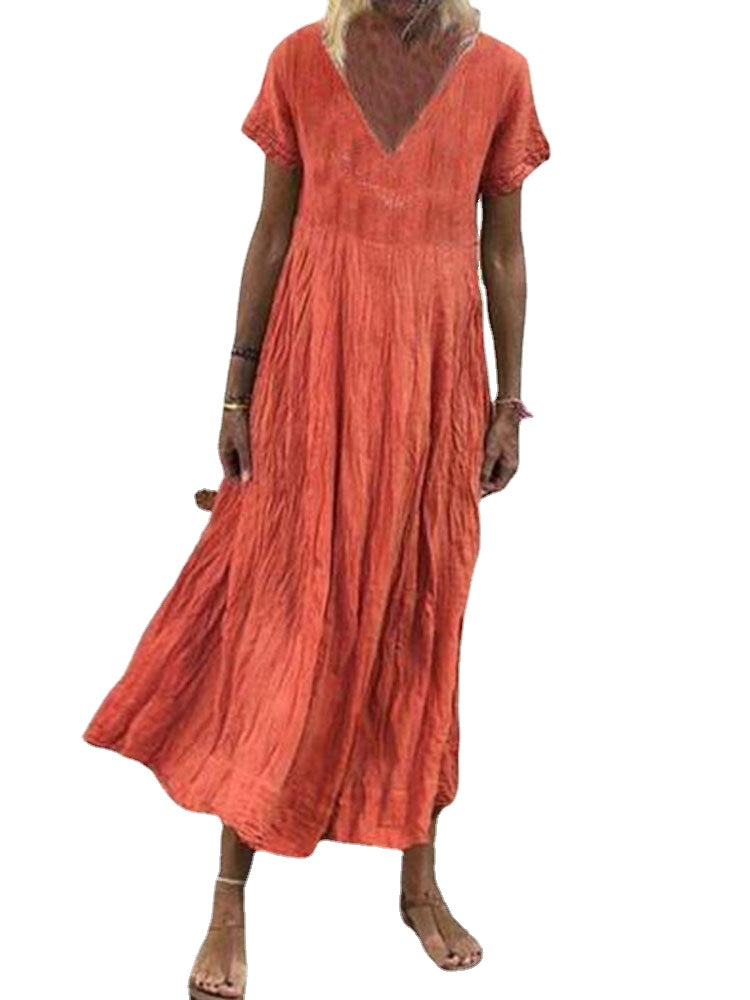 Casual Women Pure Color V-Neck Short Sleeve Dress
