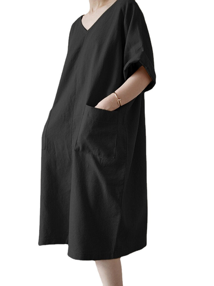 Solid Color V-neck Half Sleeve Plain Casual Pocket Dress