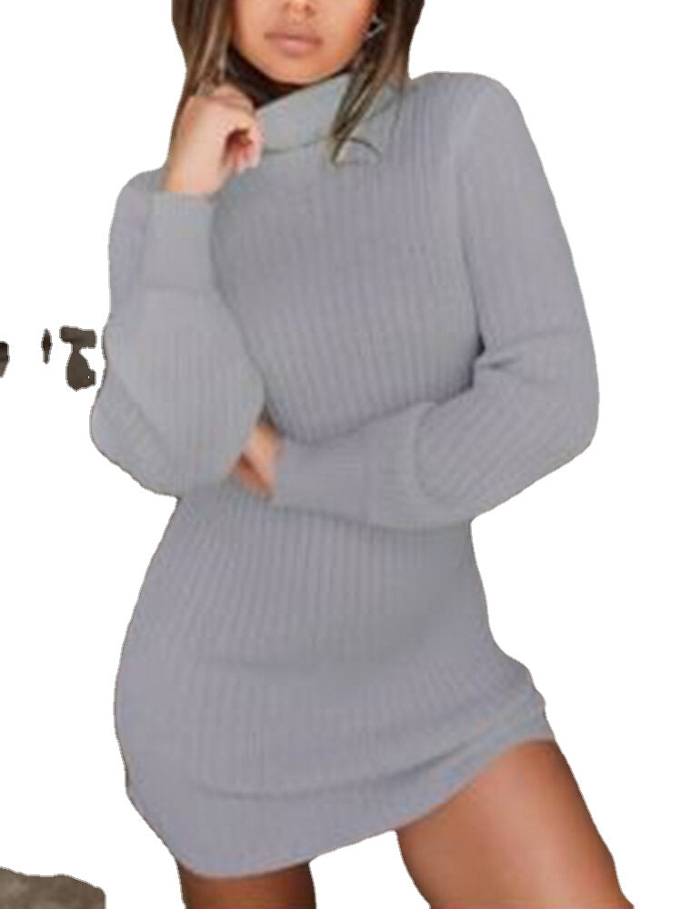 Women High Neck Solid Color Long Sleeve Casual Sweater Dress