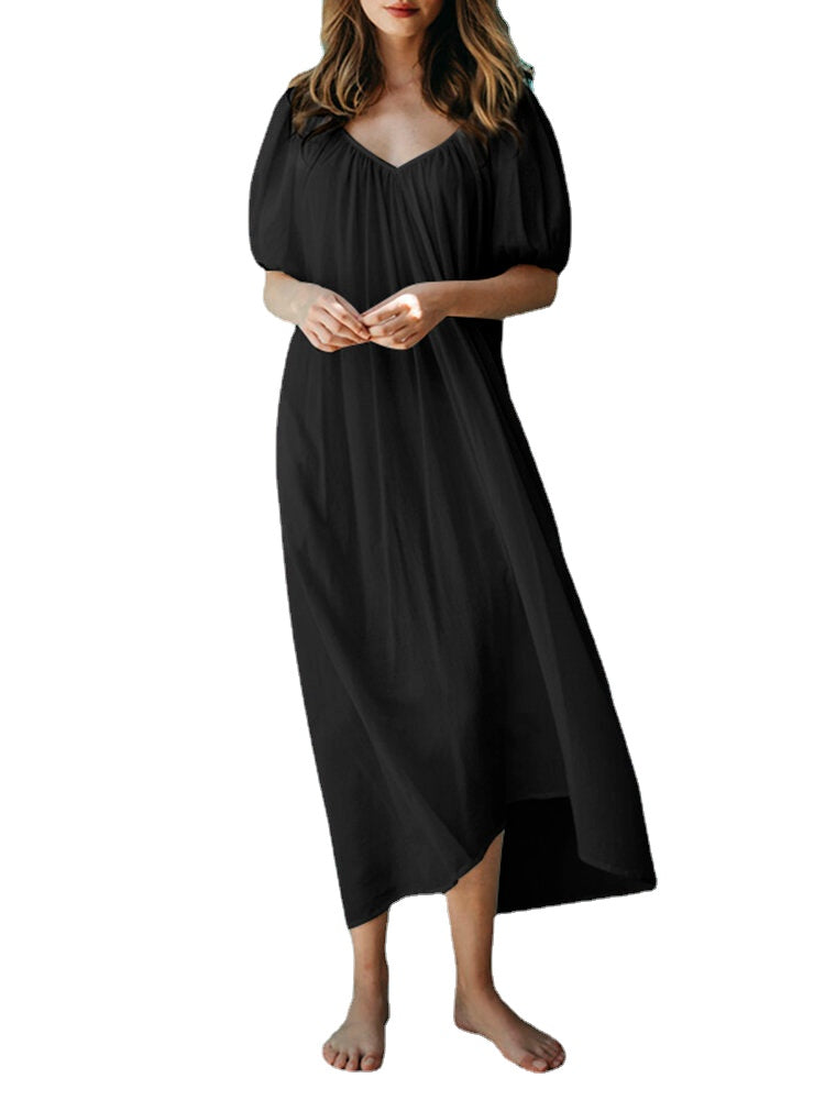 Solid Puff Sleeve Pleated Daily Casual Chiffon Maxi Dress