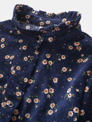 Women Floral Print Stand Collar Half Open Button Elastic Waist Long Sleeve Dresses