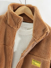 Mens Letter Applique Fleece Warm Plush Thick Jacket With Pocket