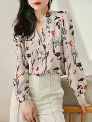 Floral Print Long Sleeve V-neck Ruffled Blouse For Women