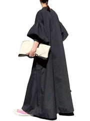 Solid Button Stand Collar Lantern Sleeve Maxi Shirt Dress