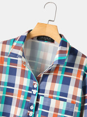 Women Colorful Plaid Print Chest Pocket Lapel Long Sleeve Casual Blouse