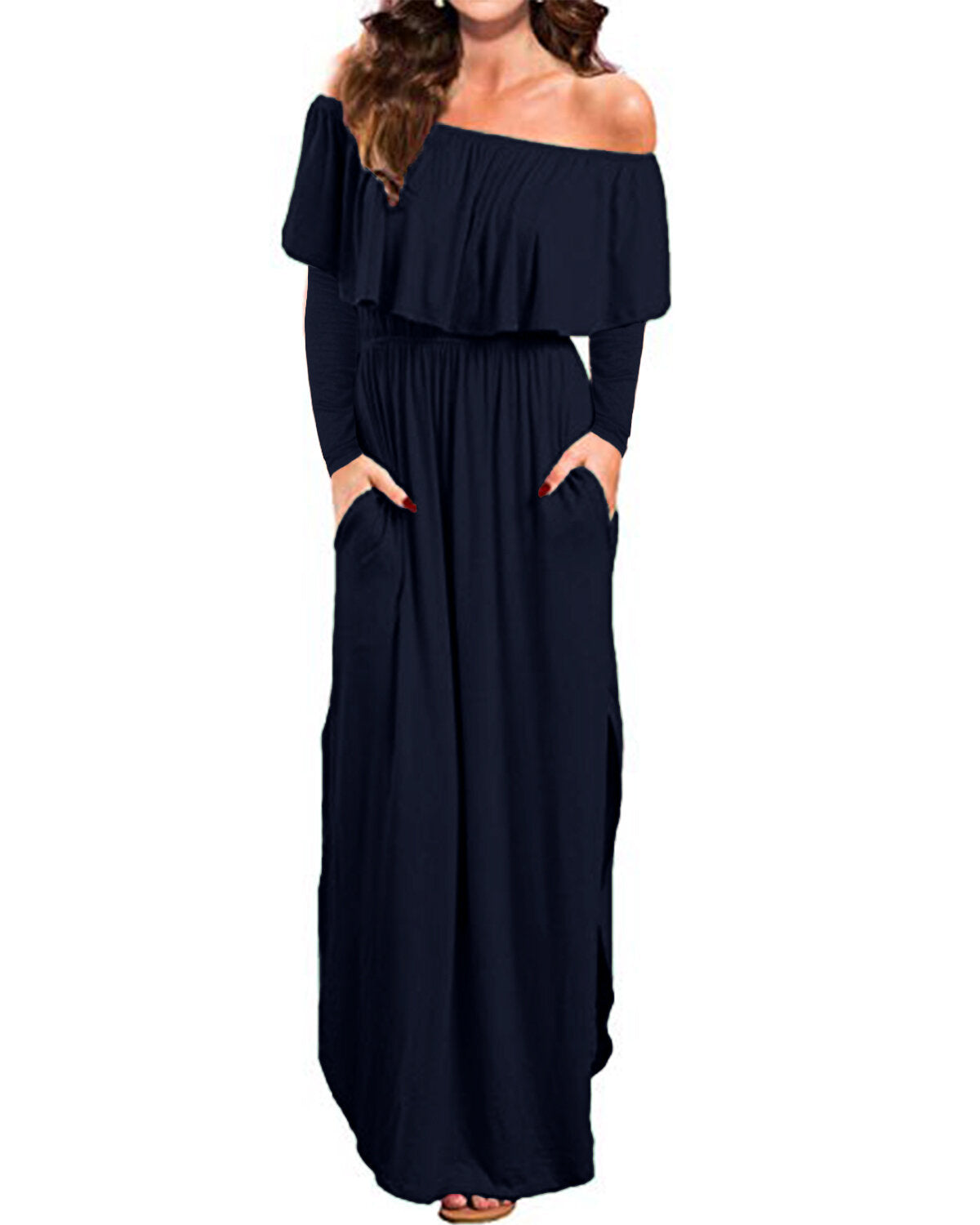 Women Off Shoulder Long Sleeve Side Split Beach Maxi Dress With Pockets