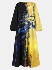 Plant Contrast Print V-neck Elastic Cuffs Casual Long Sleeve Maxi Dresses For Women