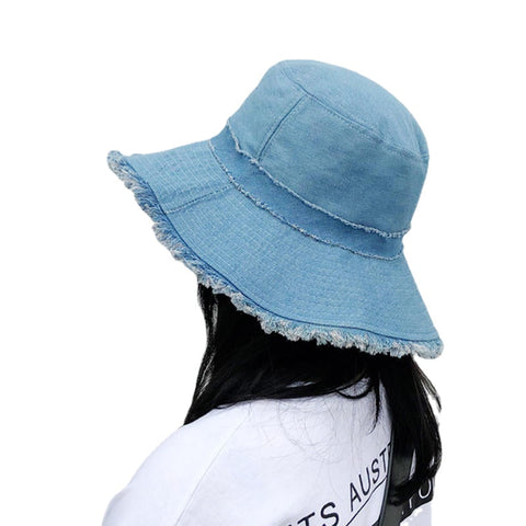 Women Denim Old Shabby Sunshade Bucket Hat Outdoor Sunscreen Big Visor Hat Floppy Hat