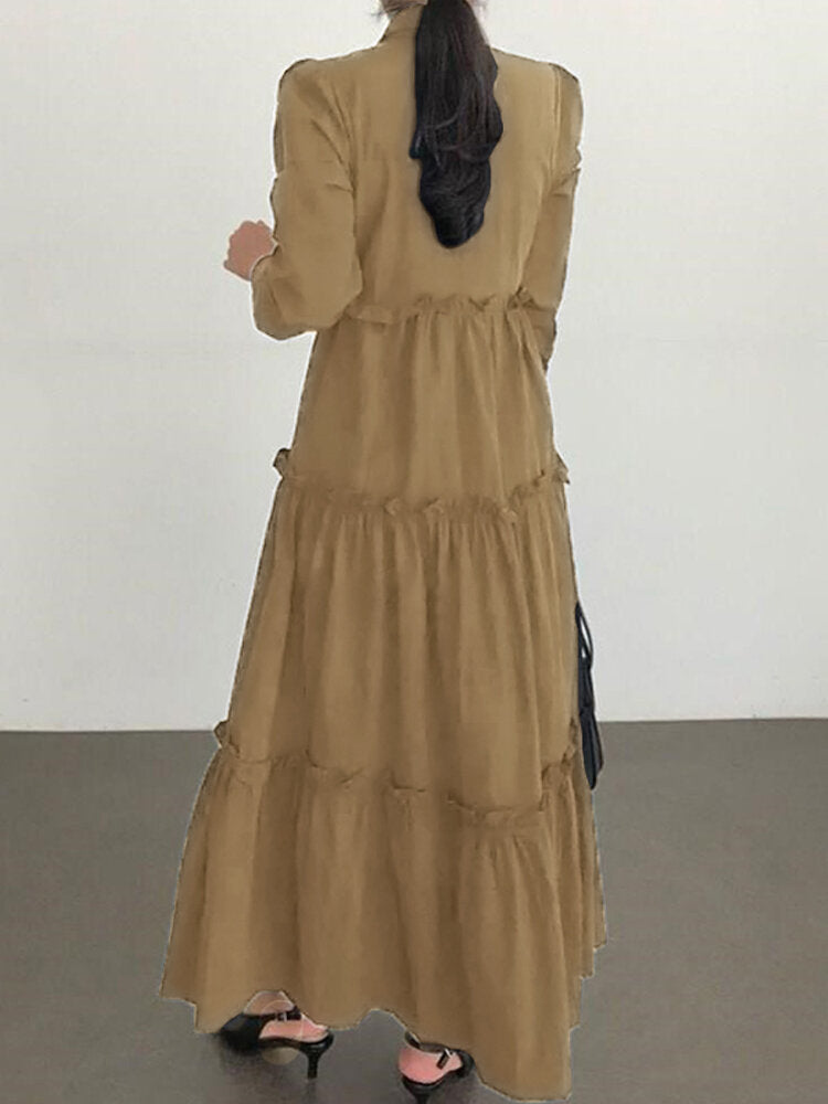 Women Solid Color Puff Sleeve Loose Layered Pleated Lapel Maxi Dress