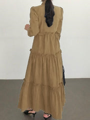 Women Solid Color Puff Sleeve Loose Layered Pleated Lapel Maxi Dress