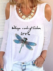 Women Letter Print Dragonfly Pattern Scoop Neck Long Sleeve Casual T-Shirts