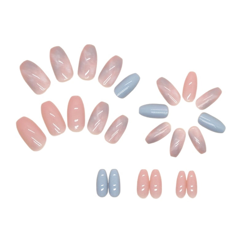 24 Pcs Blue Pink Smudged Press On Nails, Short Fake Nails, Full Cover Nail Tips for Women