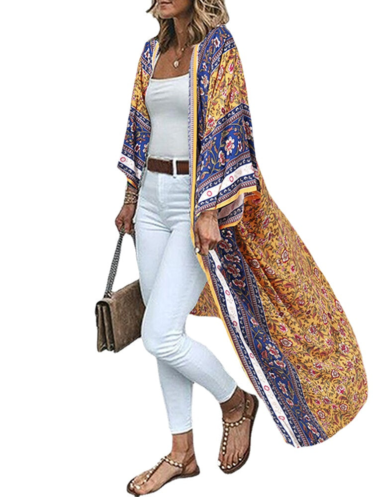 Bohemian Floral Print Loose Open Front Long Sleeve Cardigan