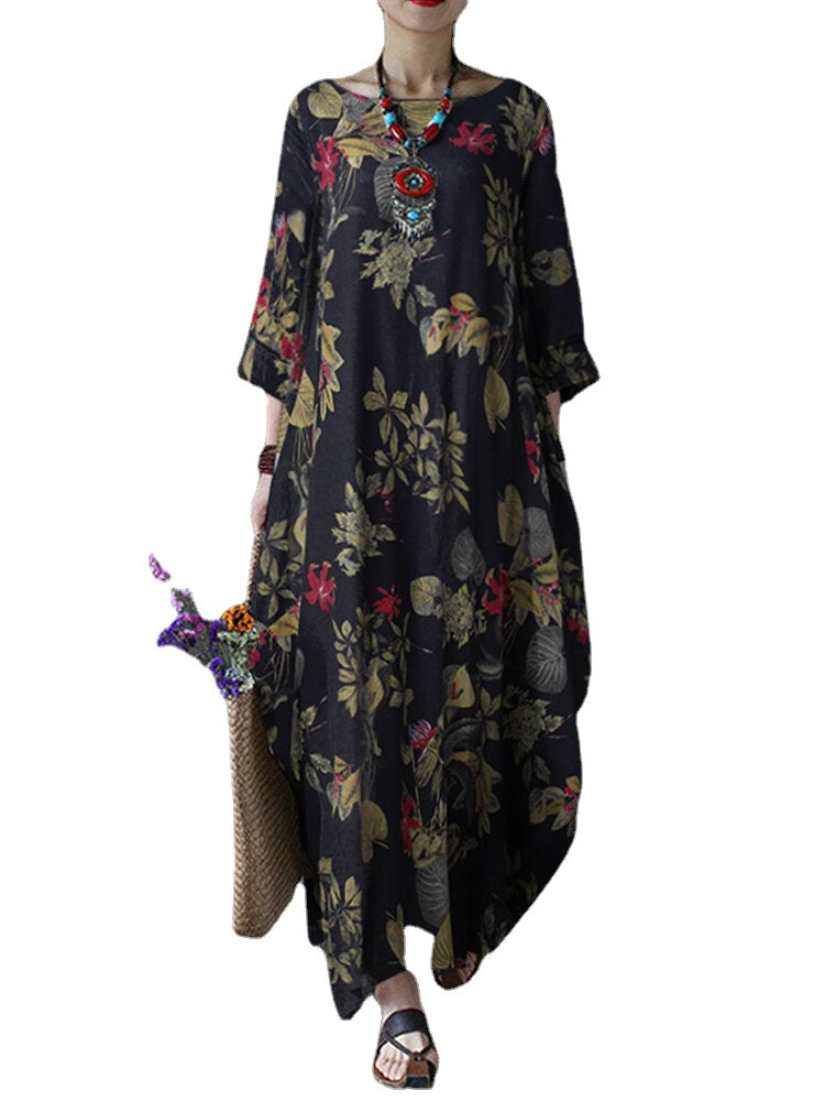 Women Cotton Floral Printed Vintage 3/4 Sleeve Baggy Maxi Dresses With Pocket