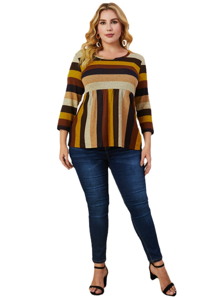 Plus Size Women Stripes Stitching Round Neck 3/4 Sleeve Casual Blouses