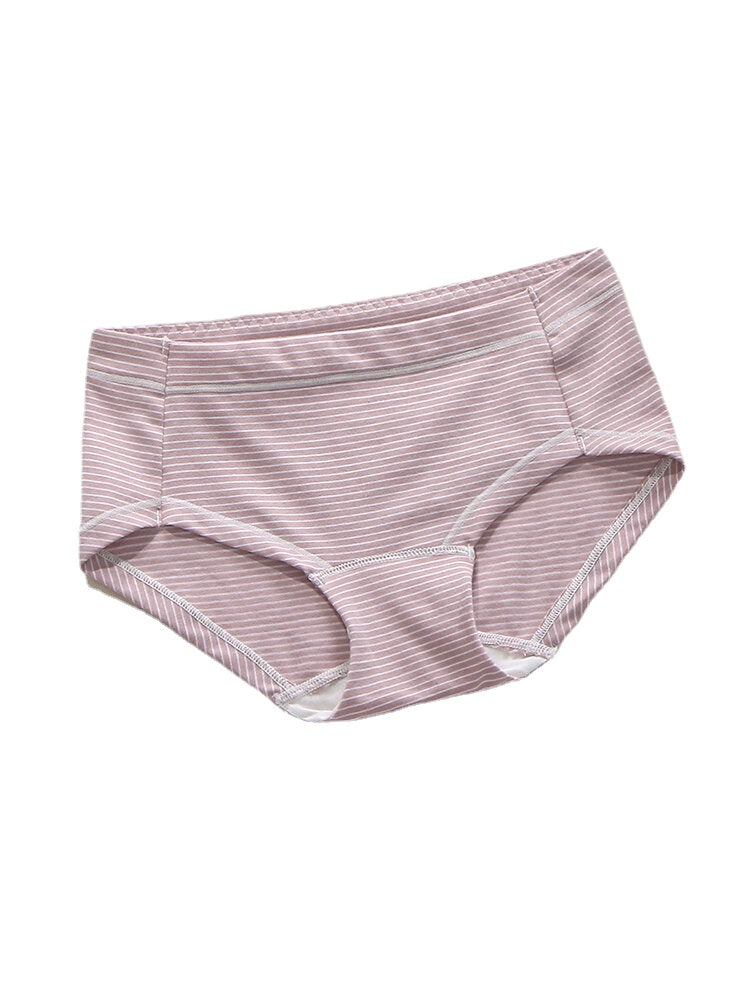 Women Striped Print Cotton Stretch Thin Breathable Seamless Mid Waist Panties