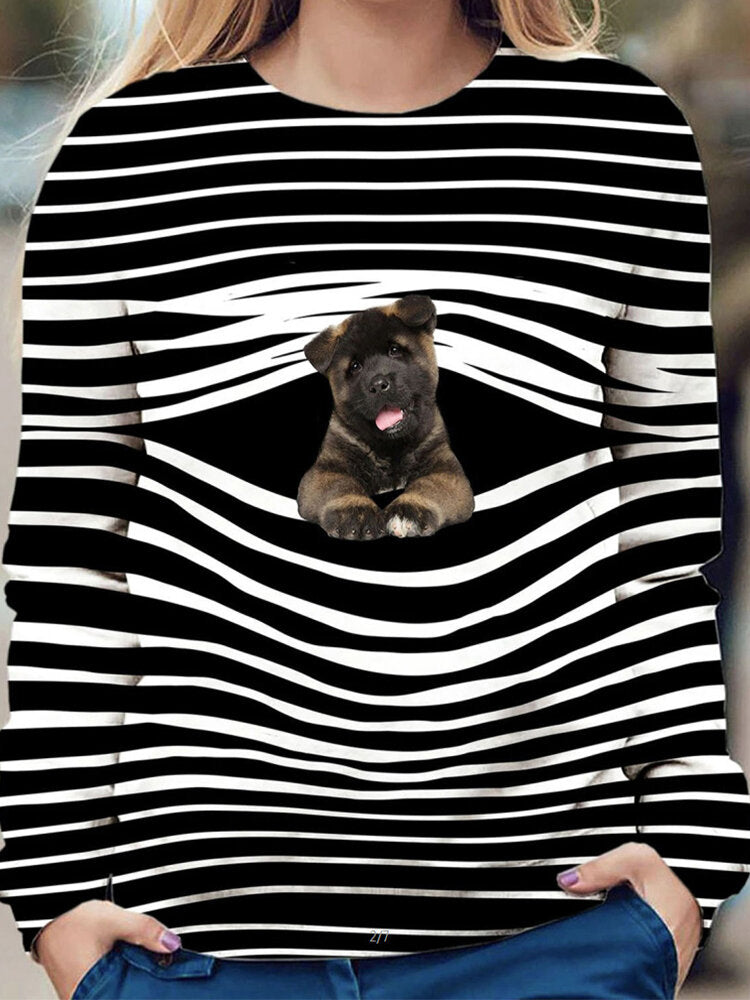 Women Stripe 3D Dog Print Pullover O-neck Long Sleeve Casual Sweatshirts