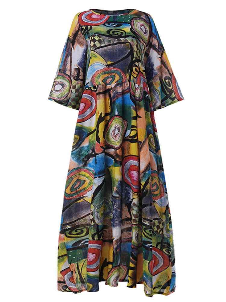 Women Retro Graffiti Print Round Neck Pleated Casual Maxi Dresses