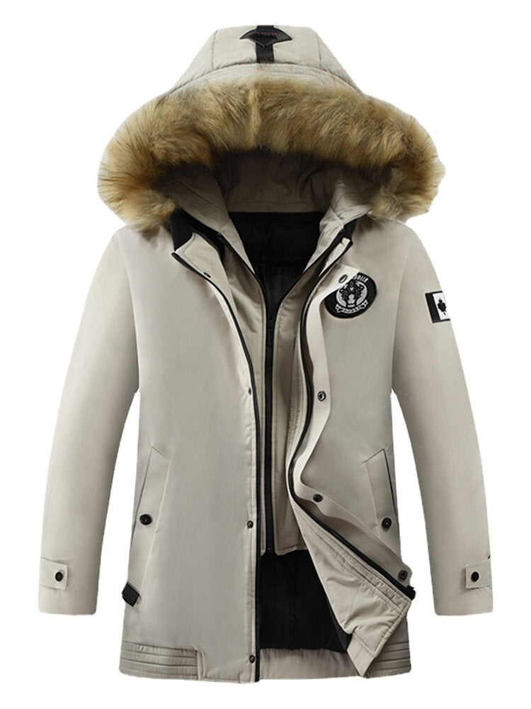 Mens Solid Winter Thicken Warm Zipper Fur Hooded Mid-Long Jacket