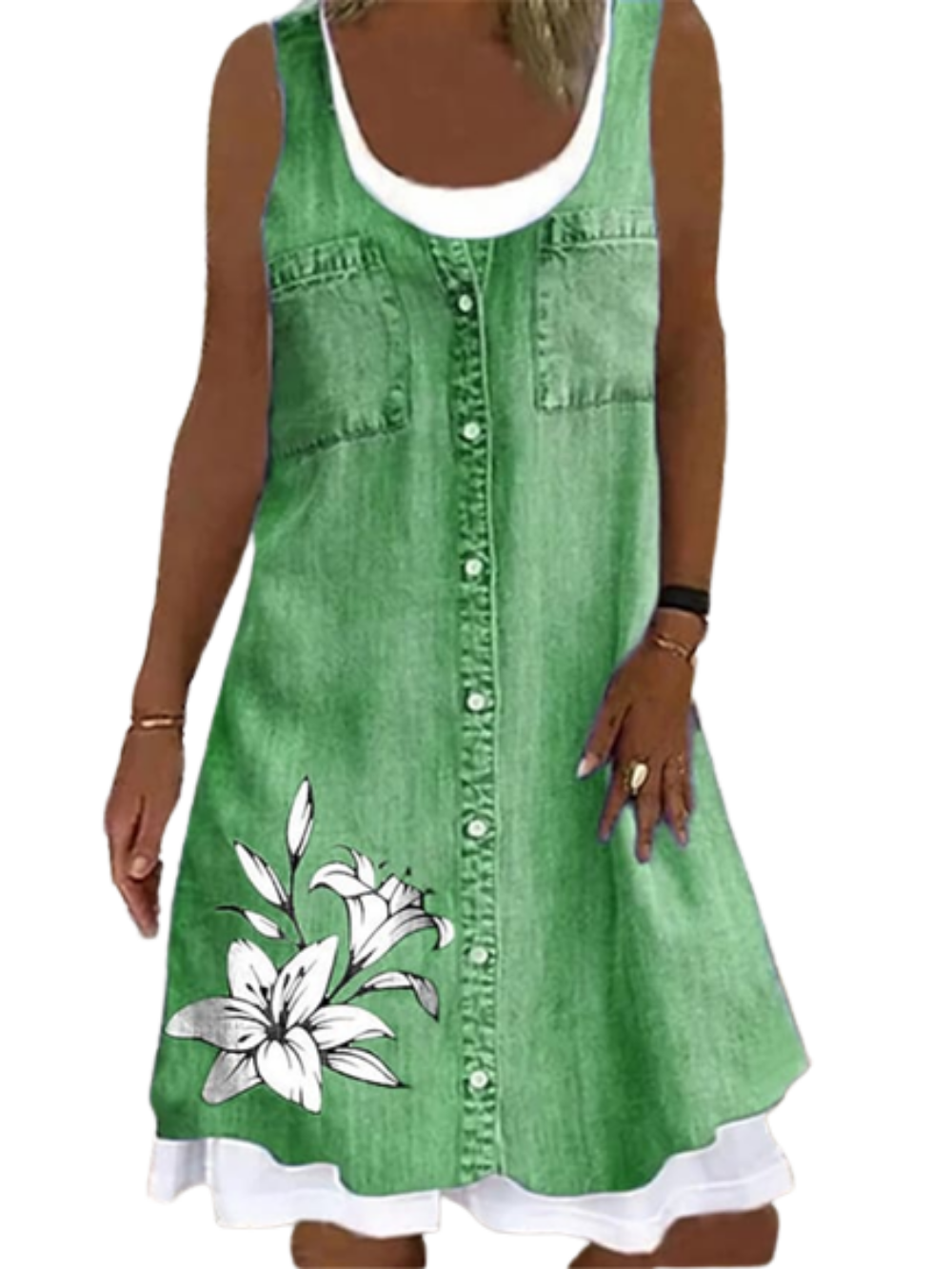 Women's Sleeveless Print Button Round Neck Casual Denim Color Dress