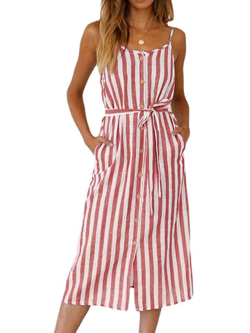Women's Button Fashion Outdoor Sleeveless Fit Stripe Dress With Pocket