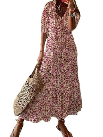 Women's A Line Dress Maxi long Dress Pink Half Sleeve Floral Ethnic Tribe Print Ruched Summer Spring Dress V Neck Stylish Casual Dress Maxi Print Dresses