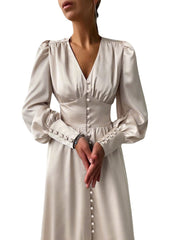 Women Satin Button Up V-Neck Long Sleeve Elegant Maxi Dresses