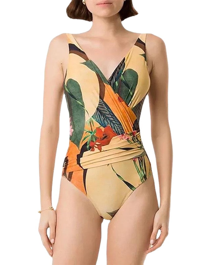 Women's Swimwear One Piece Normal Swimsuit Open Back Printing Floral Yellow Green Bodysuit Bathing Suits Sports Beach Wear Summer