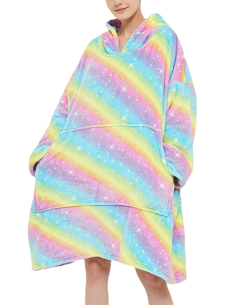 Women Rainbow Flannel Fleece Lined Warm Thick Oversized Blanket Hoodie With Front Pocket