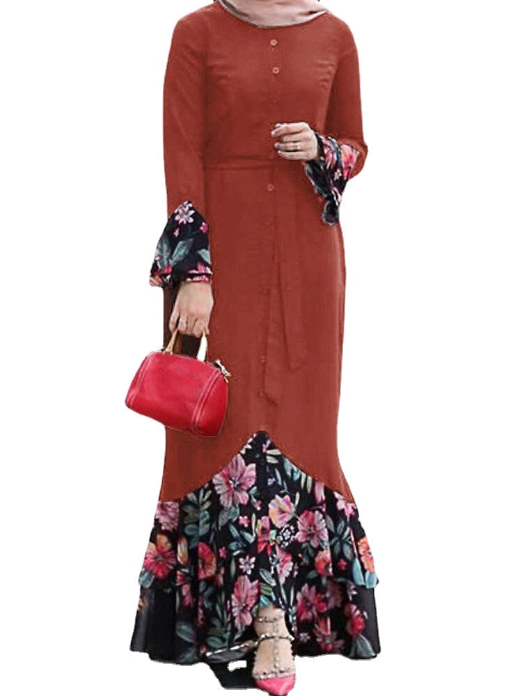 Women Floral Print Patchwork Mermaid Hem Long Sleeve Lace-Up MaxiDress