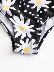 Women Daisy Floral Print Backless One Piece Black Swimwear