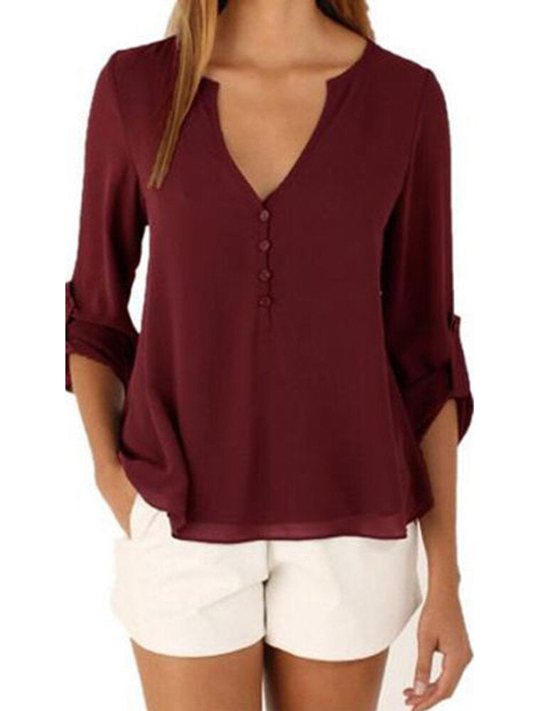 Chiffon Buttons V-Neck Irregular Hem Adjustable Sleeves Solid Causal Blouse