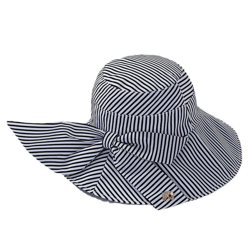 Stripe Beach Sun Hat Cotton Wide Brim Hat For Women Elegant Multipurpose Foldable Anti-UV Cap For Lady