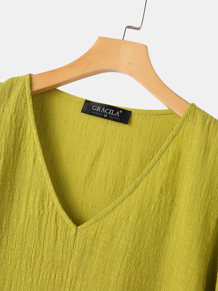 Women V-Neck Solid Color High-LowHem Cozy Casual Blouse