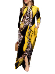 Leopard Contrast Color Long Sleeve Button Down Shirt Dress