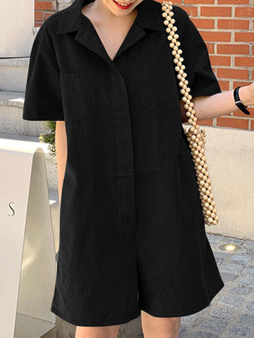 Women Solid Color Button Lapel Short Sleeve Loose Casual Jumpsuit With Pocket