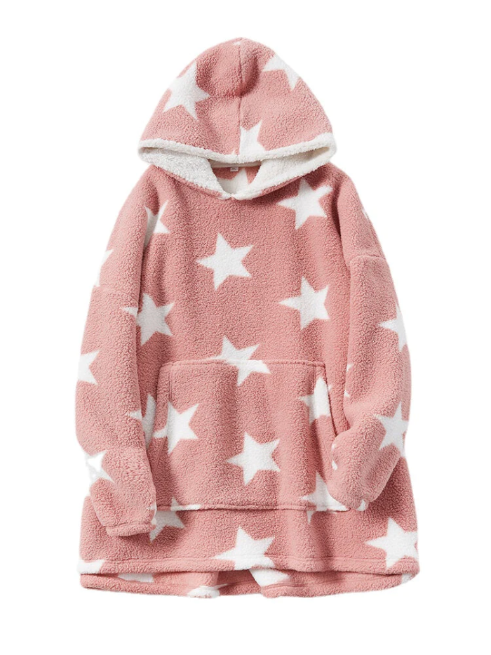 Women Allover Stars Thicken Warm Fleece Loose Home Blanket Hoodie With Kangaroo Pocket