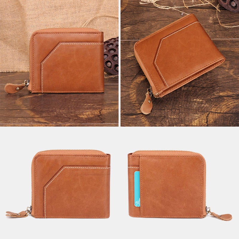 Men Genuine Leather Vintage Wallet RFID Blocking Zipper Coin Bag Card Holder