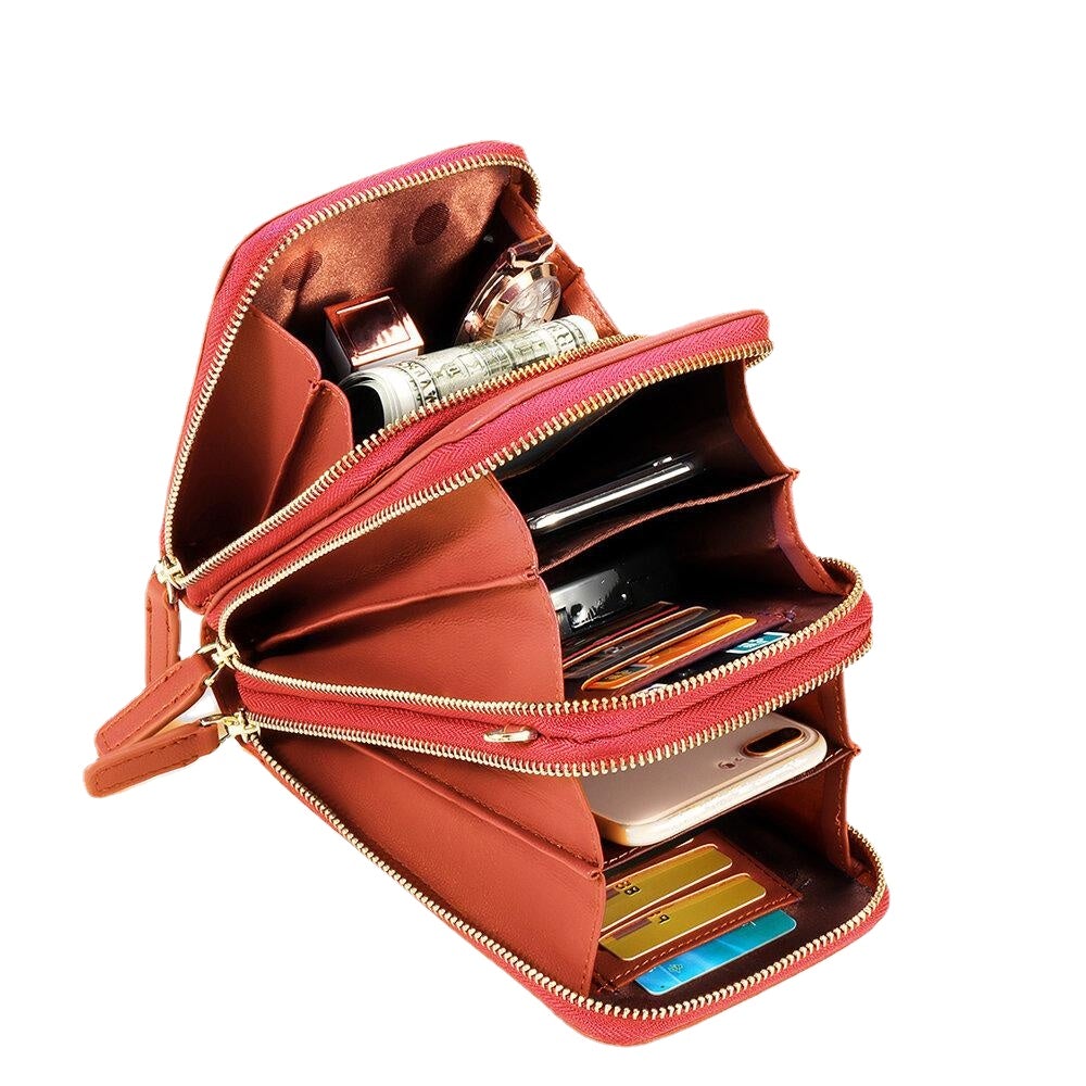 women solid faux leather muti pocket clutches bag card bag phone bag crossbody bag large capacity
