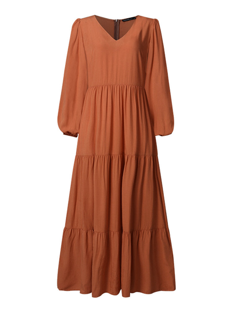 Women Retro Solid Color Back Zipper Puff Sleeve Loose Casual Maxi Dress