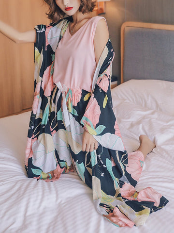 4Pcs Women V-Neck Sleeveless Pink Tops Floral Print Pants Home Casual Pajamas With Robes