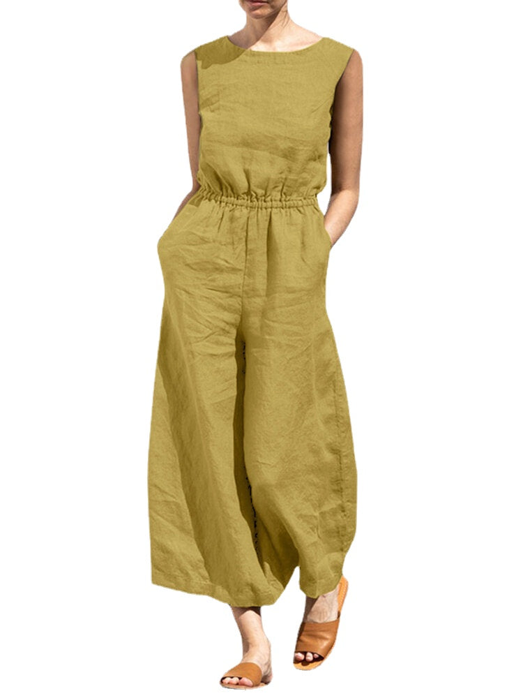 Cotton Solid Pocket Button Elastic Waist Sleeveless Casual Jumpsuit