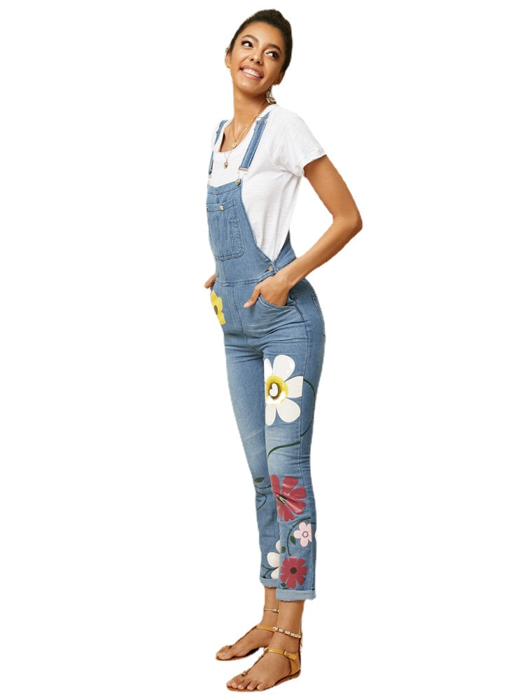 Women Casual Big Flower Print Pockets Denim Jumpsuit