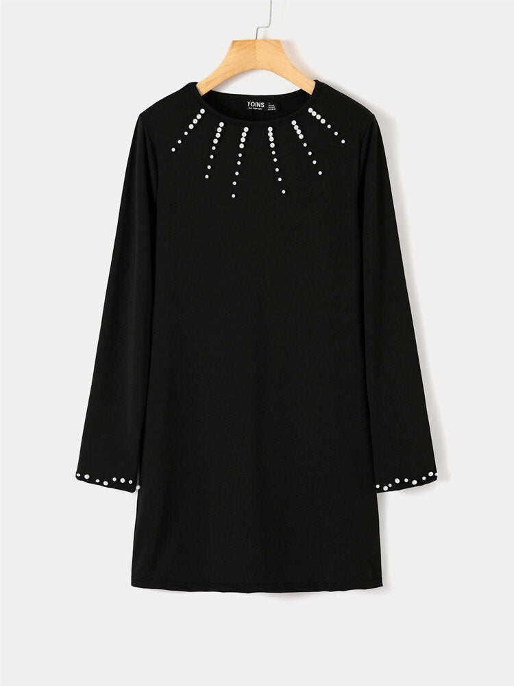 Elegant Pearl Details Round Neck Long Sleeves Mini Dress