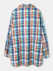 Women Colorful Plaid Print Chest Pocket Lapel Long Sleeve Casual Blouse